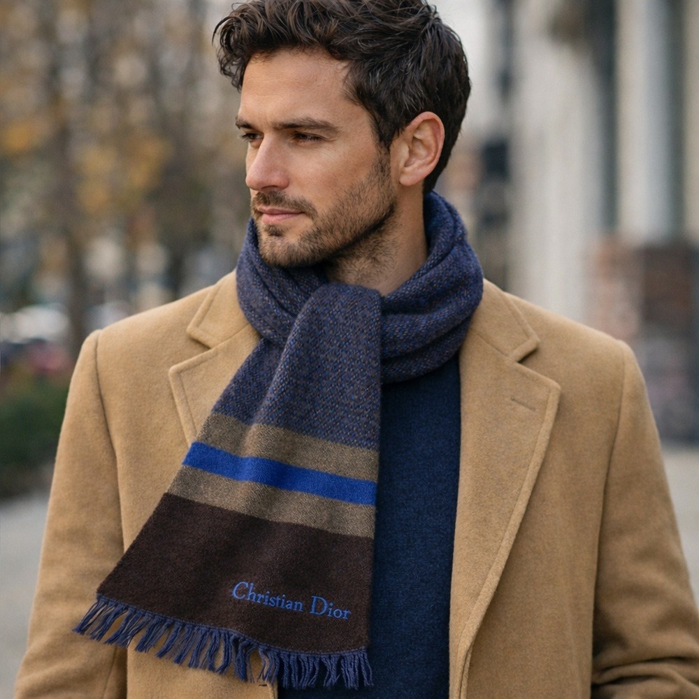 Christian Dior VTG Wool Scarf Blue Brown Stripe West‎ Germany 1970's Luxury